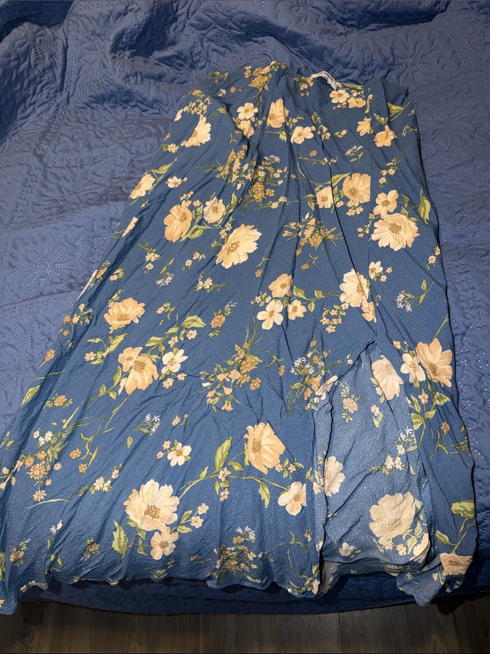 Blue Floral Midi Skirt with Cream Blossoms